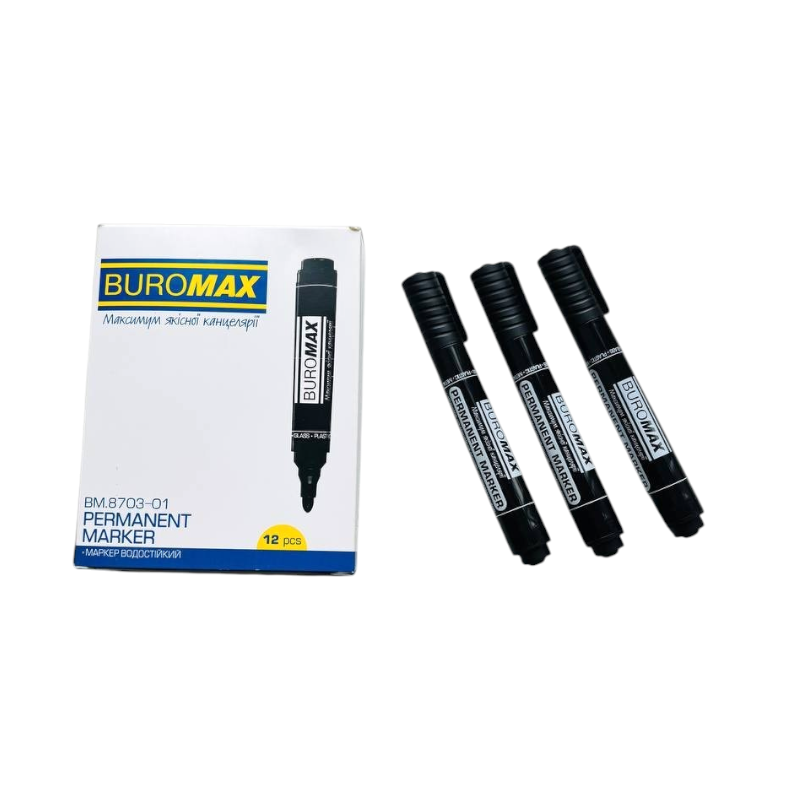 Маркер BUROMAX 8703-01 водостійкий чорний 12 шт 7385