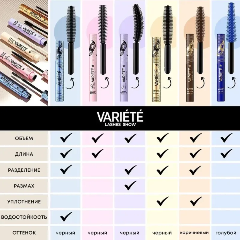 Туш для вій EVELINE Variate lashes show подовжувальна синя 10 мл. 8069