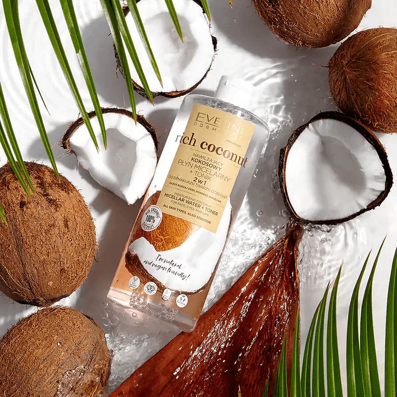 Вода міцелярна кокосова зволожуюча для демакіяжу  EVELINE 3 в 1 RICH COCONUT 400 мл.