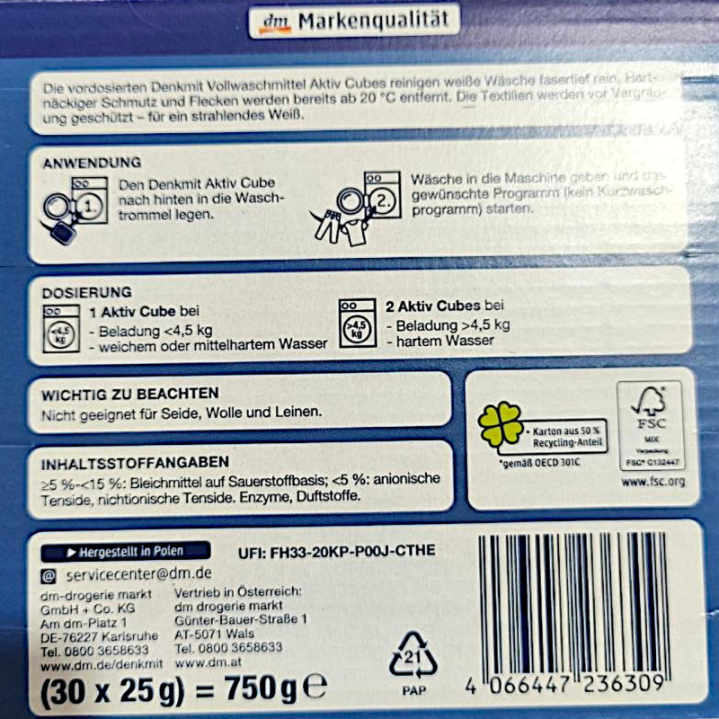 Таблетки для прання Denkmit Aktiv Cubes універсальні 30 штук 750 г. 6309