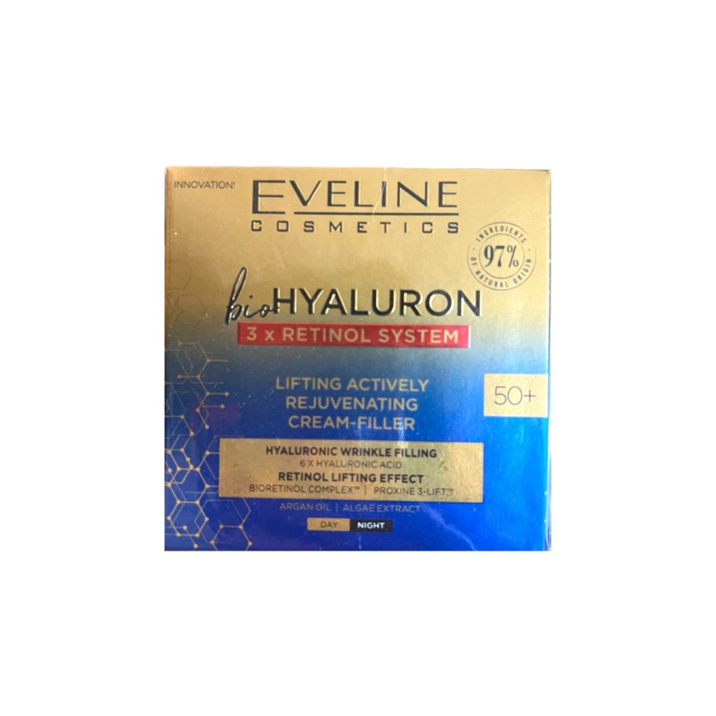 Крем для лица EVELINE bioHYALURON 3 х RETINOL SYSTEM 50+ увлажняющий против морщин день/ночь 50 мл 6068