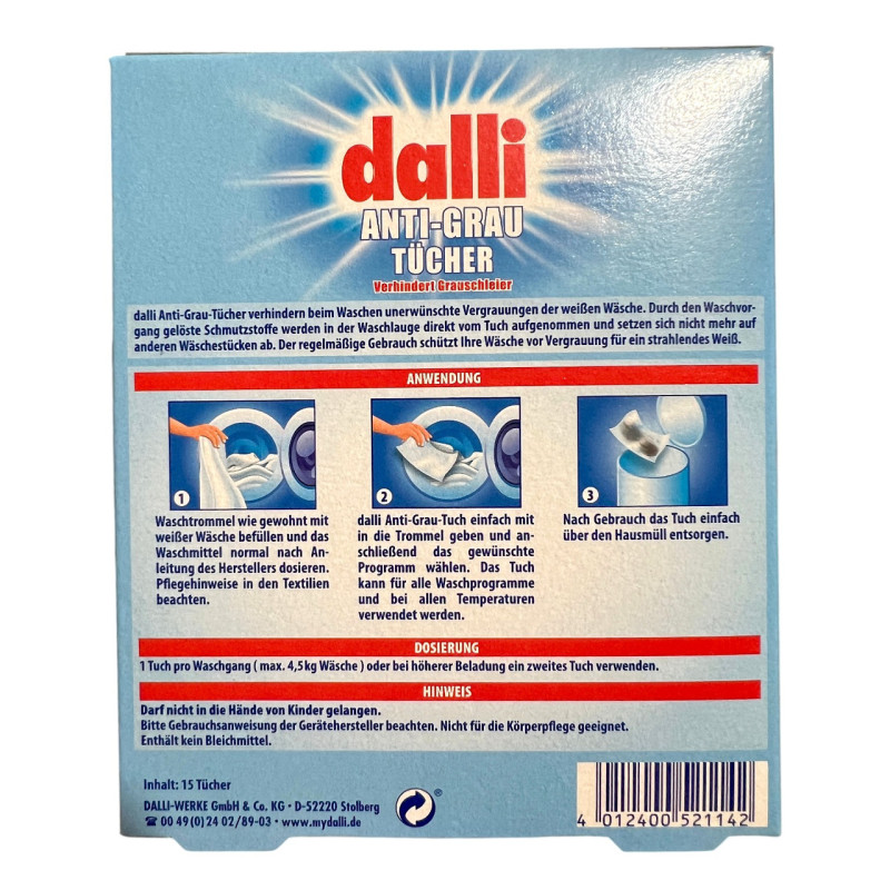 Серветки для прання білих речей Dalli Anti-Grau Tücher 15 шт.