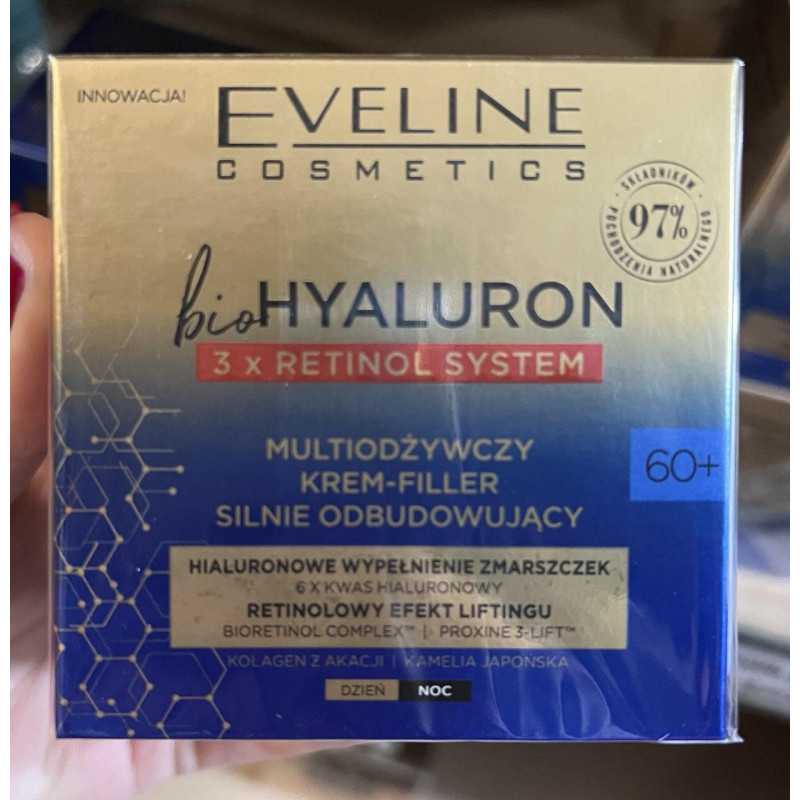 Крем-філер EVELINE bio HYALURON 3 х RETINOL SYSTEM 60+ мультипоживний, інтенсивно регенерувальний день/ніч 50 мл