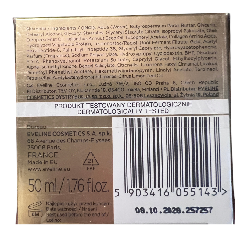 Крем для обличчя Eveline Cosmetics 24K Gold & Collagen 60+ Відновлювальний з колагеном 50 мл.