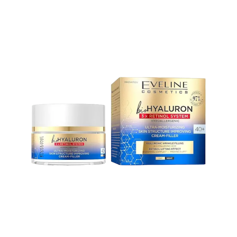 Крем для обличчя EVELINE bioHYALURON 3 х RETINOL SYSTEM 40+ філер ультразволожуючий день/ніч 50 мл 6051